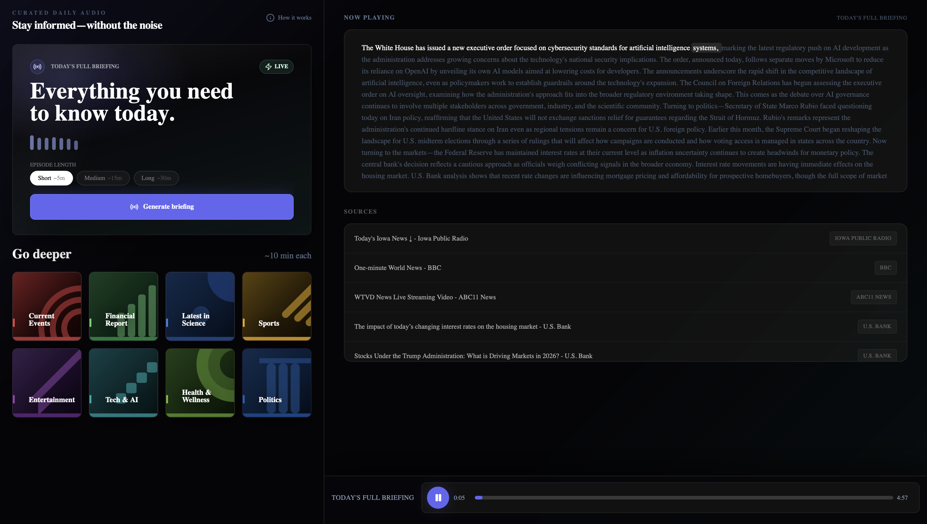 AI News Podcast Generator live briefing interface screenshot