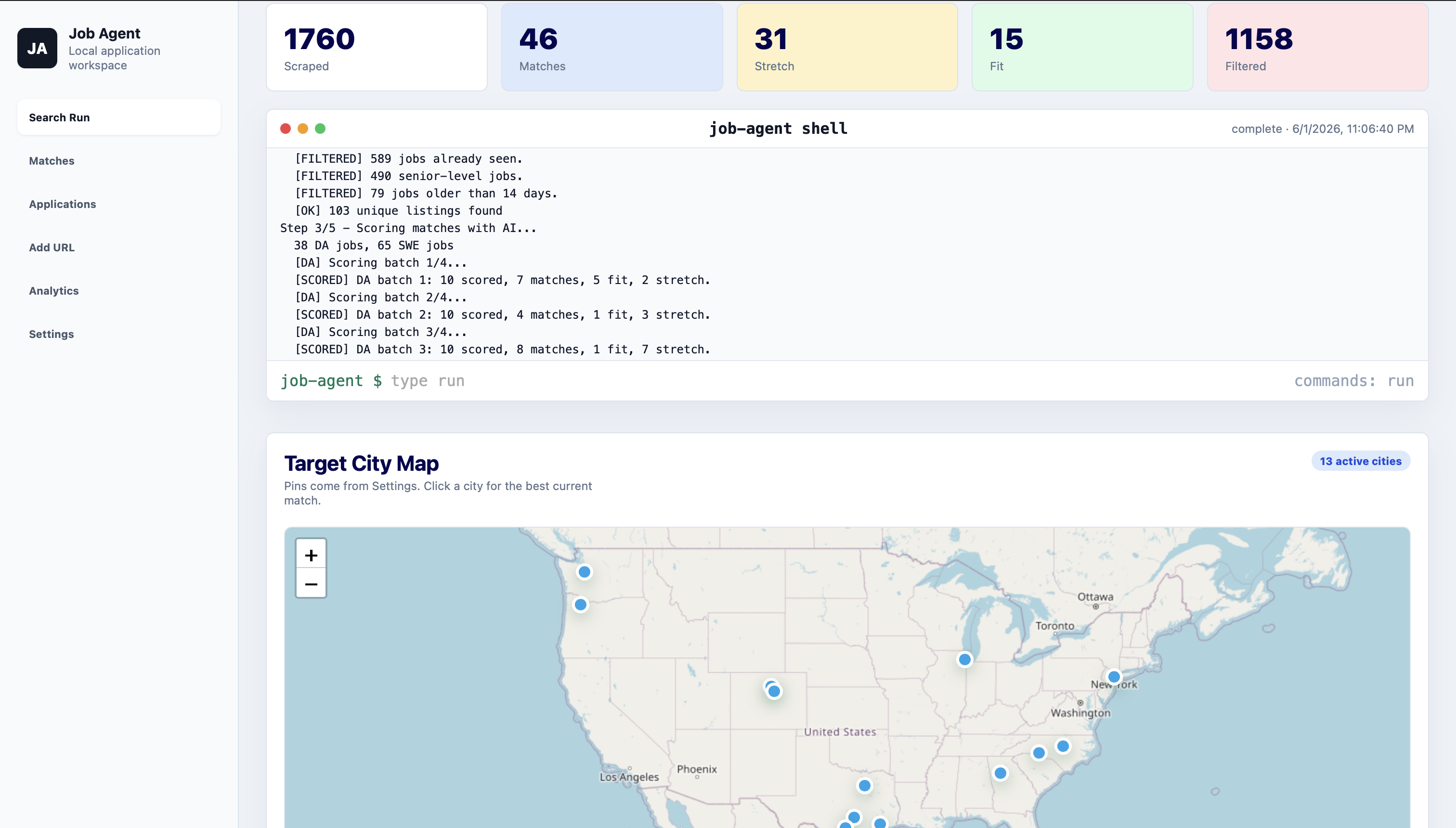 Job Match Agent search run dashboard screenshot