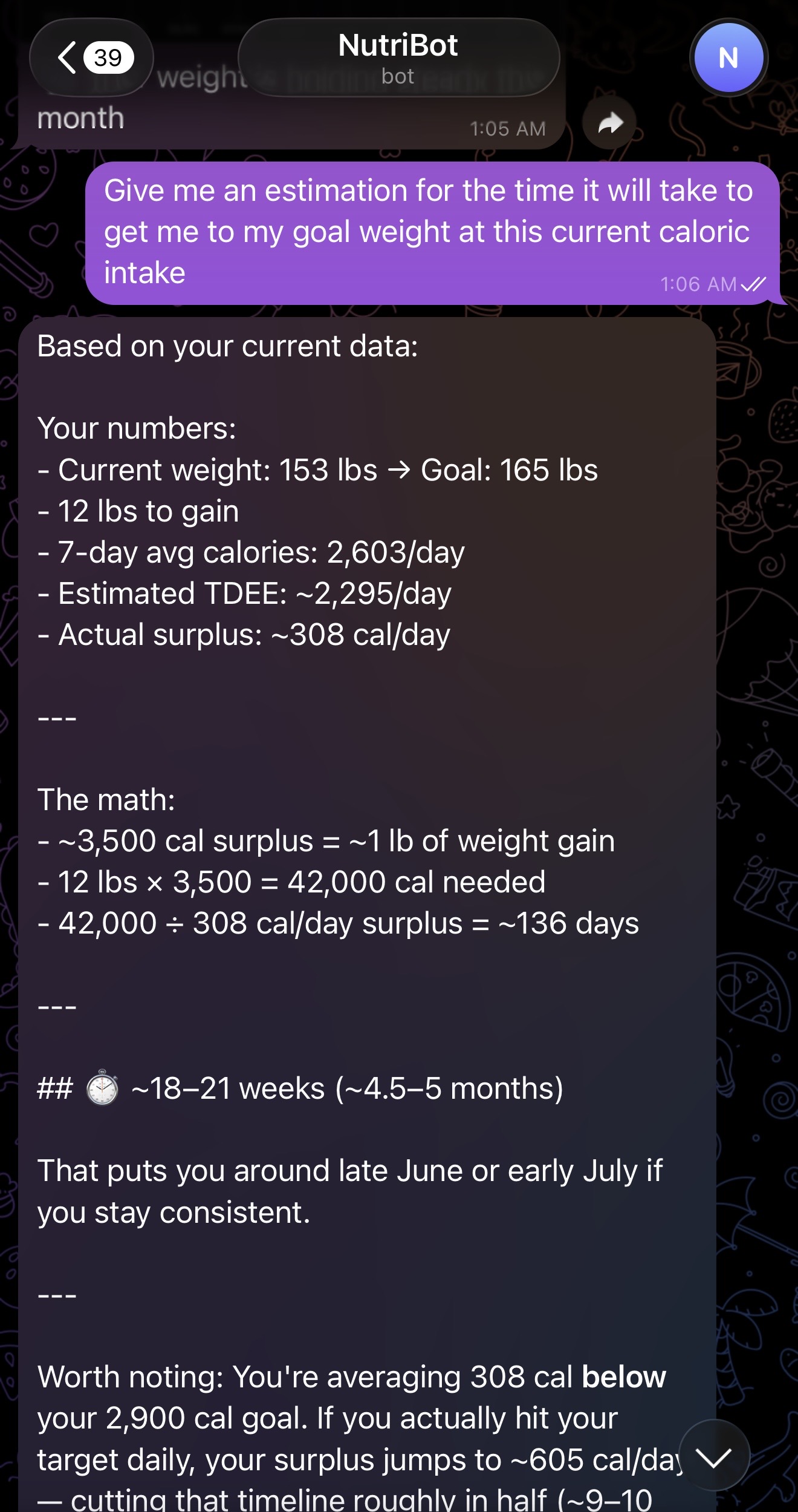 NutriBot Telegram goal estimate screenshot