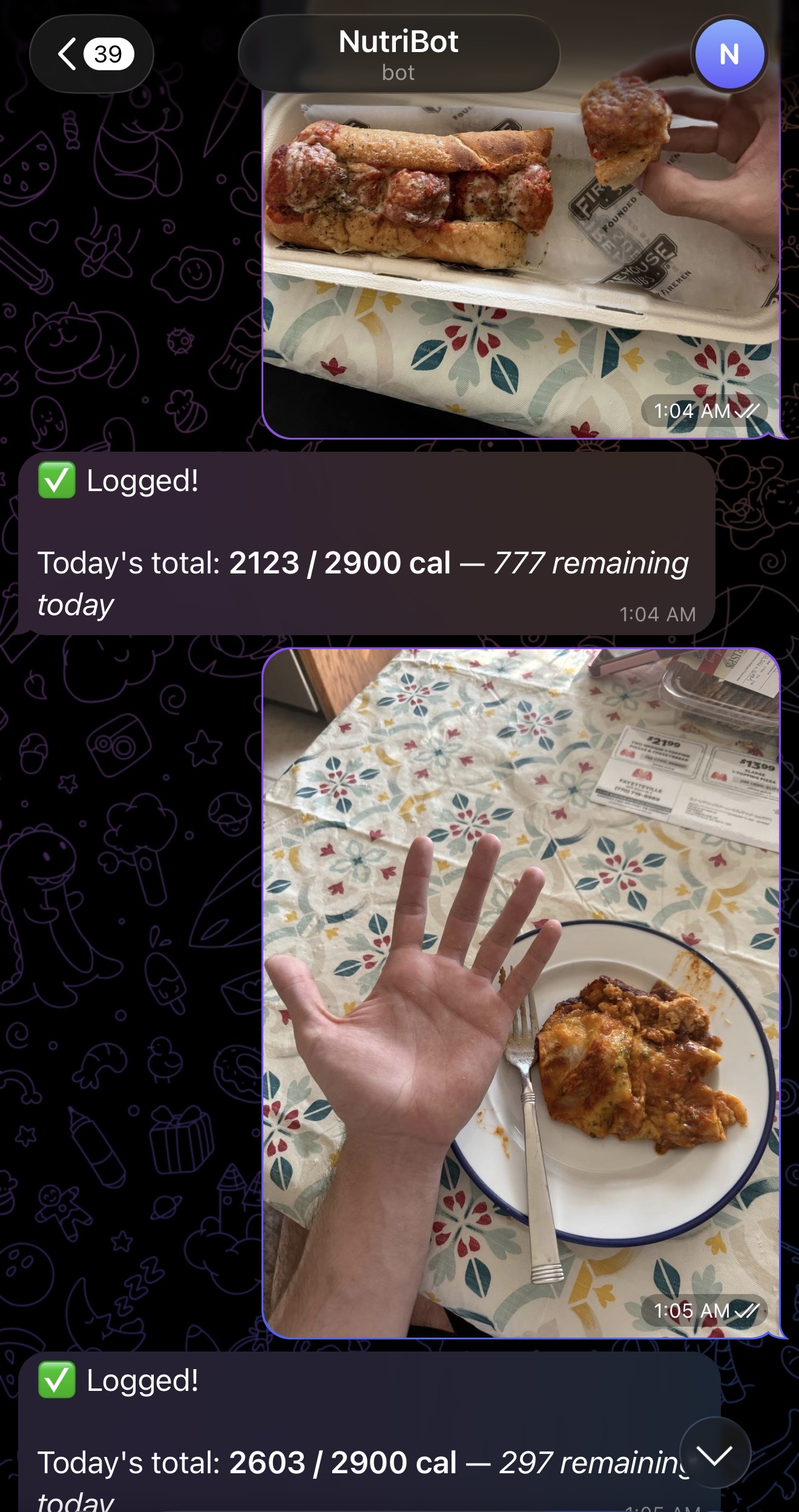 NutriBot Telegram meal logging screenshot